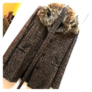 Via Spiga brown tweed belted coat with fur collar